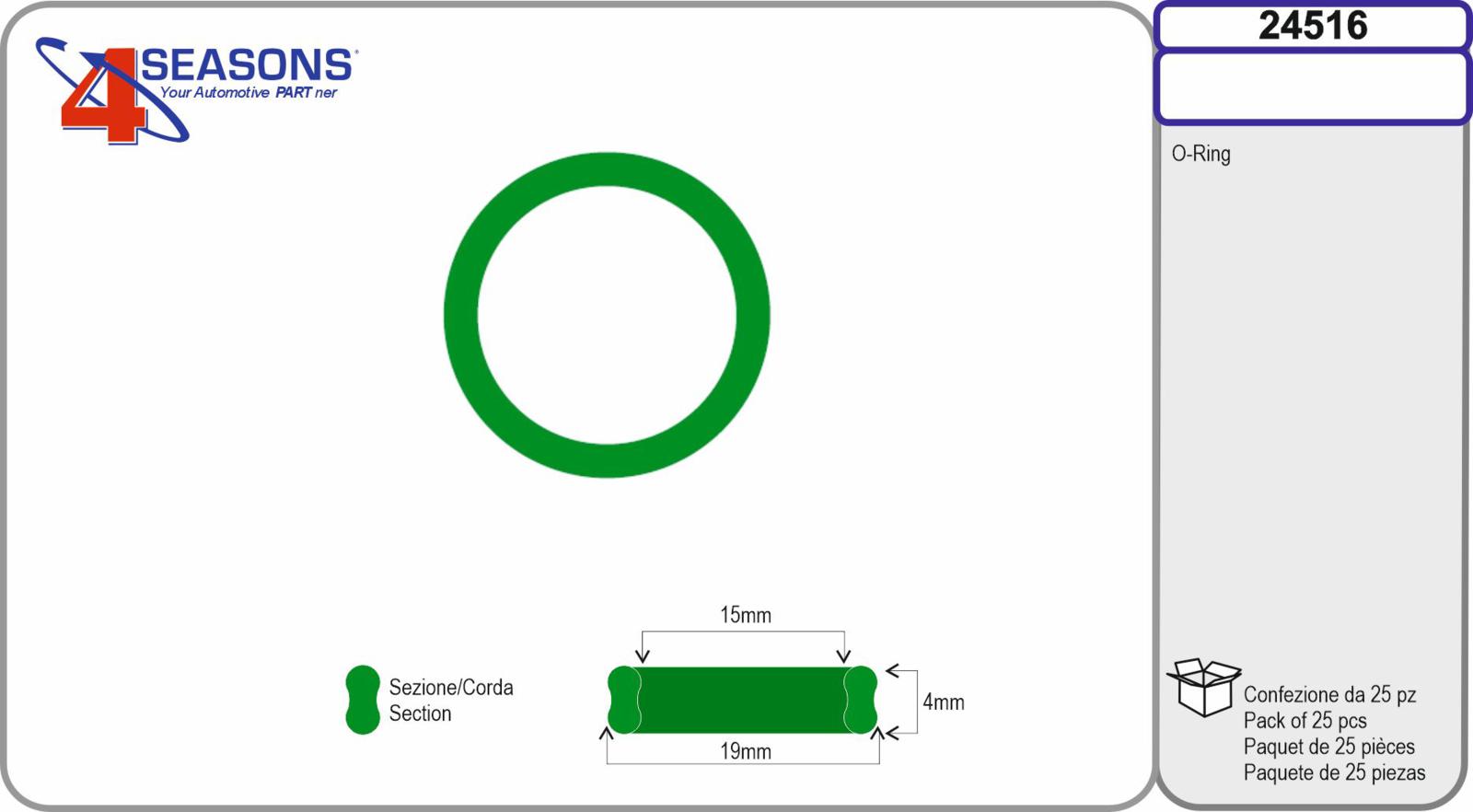 O-ring a sezione doppia est 19mm x int 15mm x sp. 4mm conf. 25pz