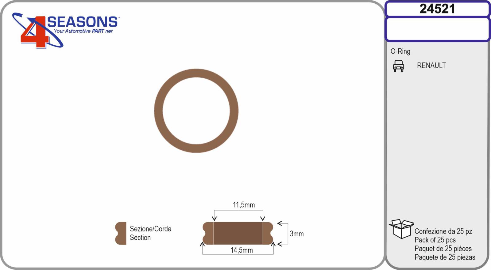O-ring a sezione doppia est 14,5mm x int 11,5mm x sp. 3mm conf. 25pz