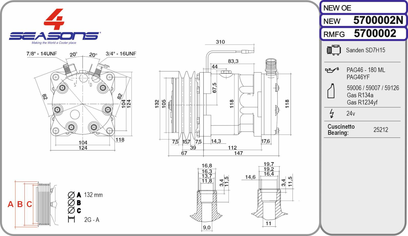 Cmp New SANDEN SD7H15 24V  2 gole 132mm